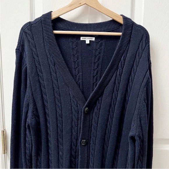 Banks Journal Ribbed Cable Knit Cardigan in Navy - Picture 2 of 5